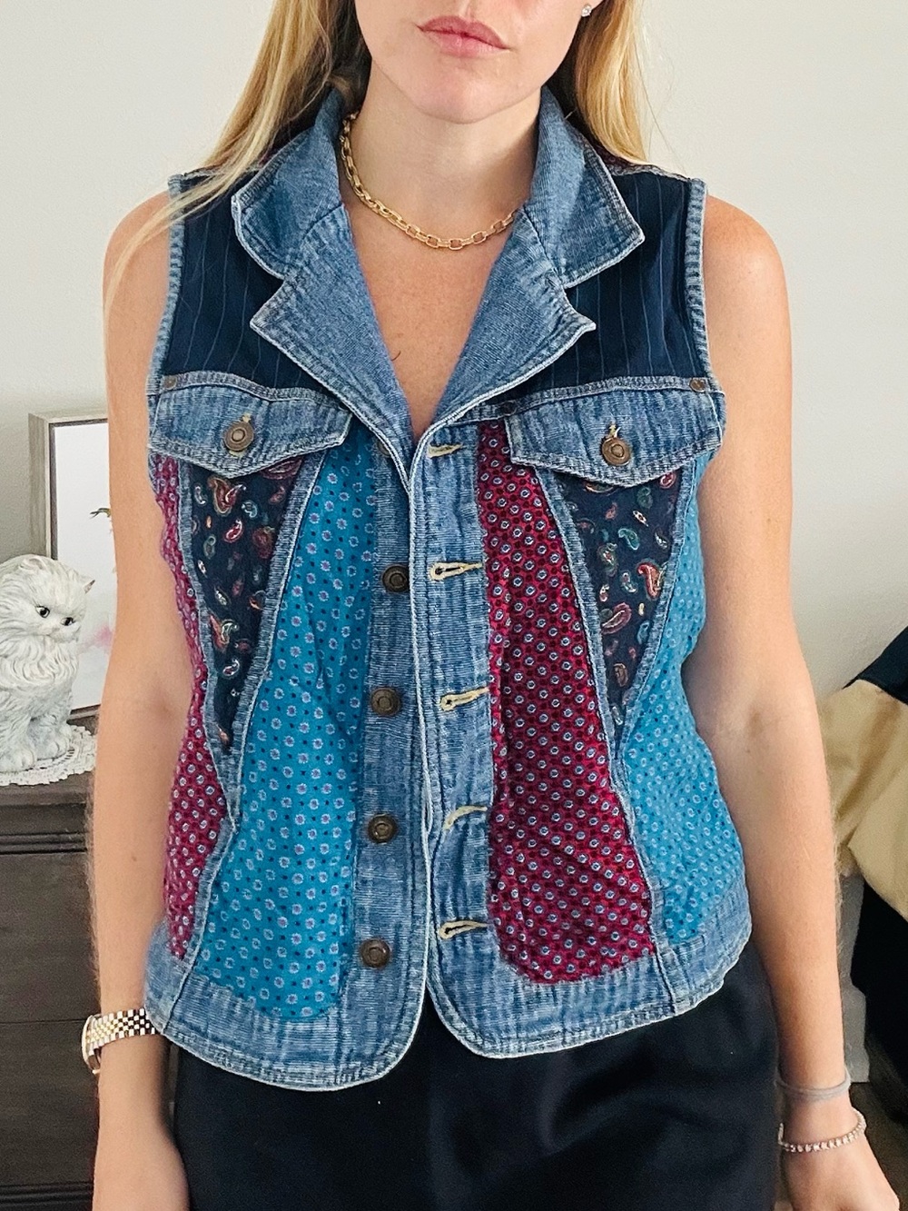 Carole Little Sport Blue Denim Vest with Burgundy Nail Accent